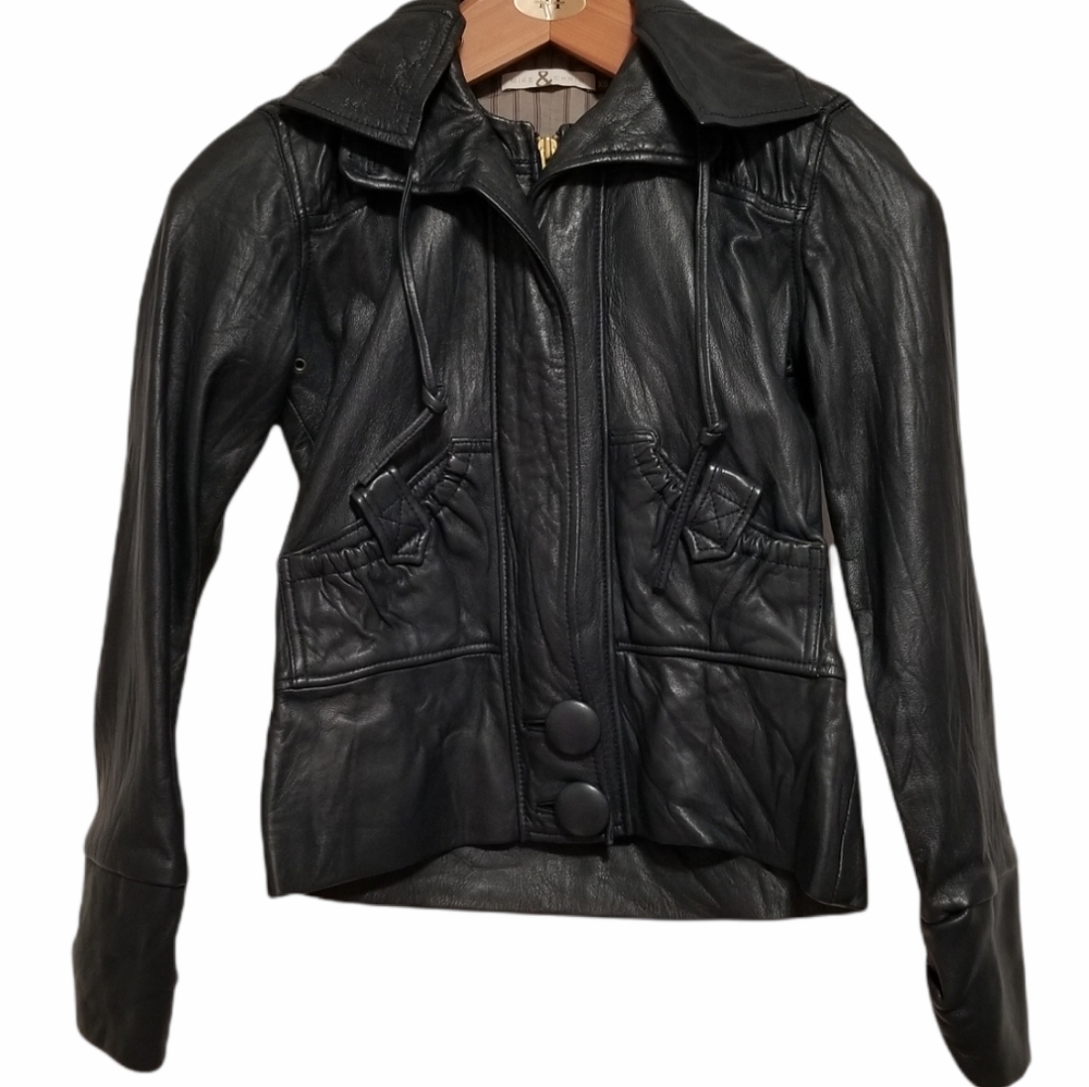 MIKE & CHRIS Genuine Leather Jacket Navy Blue/ (Grayish Blue) Detachable Hood